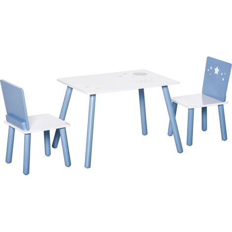 Set Tavolino con 2 Sedie per Bambini in Legno Azzurro e Bianco (1/5)
