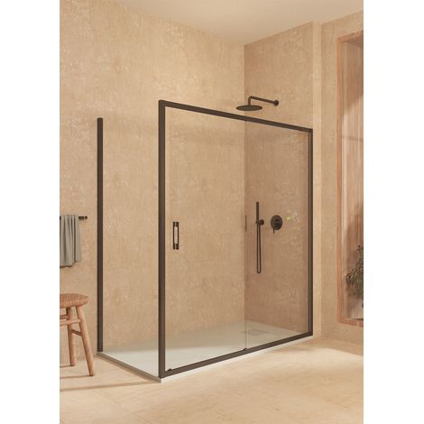 Box doccia scorrevole+fisso + laterale fisso, con profilo inferiore, vetro sicurezza 6mm anticalcare, 112,5-117,5cm x Fisso 82,5-85cm H=200cm, Nero