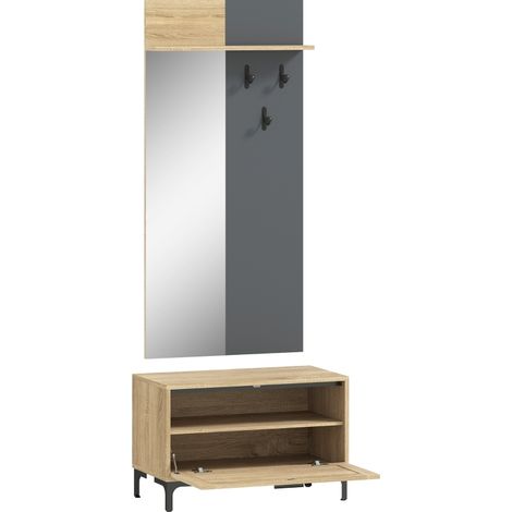 Ensemble Vestiaire d'Entrée avec Miroir Plein Pied, Banc à Chaussures, 3 Crochets et Étagère Ouverte en Bois Naturel et Gris (1/5)