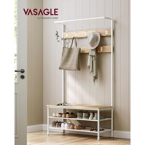 VASAGLE Appendiabiti, Grande Mobile da Ingresso con Panca, 9 Ganci, Scarpiera, Barra Attaccapanni, 41,5 x 100 x 182 cm, per Corridoio Soggiorno Camera da Letto, Rovere e Bianco (1/5)