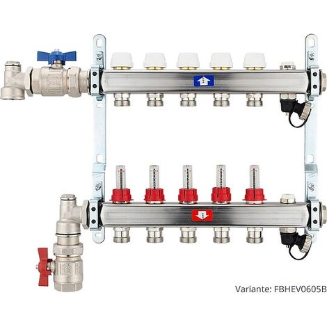 Fußbodenheizungsverteiler aus Edelstahl mit Topmeter für 5 Heizkreise - mit Anschlussset senkrecht (1/3)