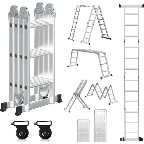 TolleTour Escalera multiposición 7 en 1 de aluminio, 4x3 peldaños, aprox. 360 cm / 3,6 m, plegable, 2 plataformas + 2 ruedas, carga máxima 150 kg (1/5)