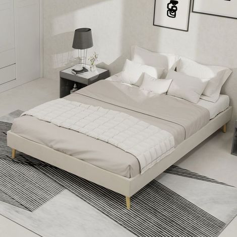 Lit double 140x200, Lit velours hollandais beige, tête de lit design géométrique, cadre bas, structure bois, montage facile. (1/5)