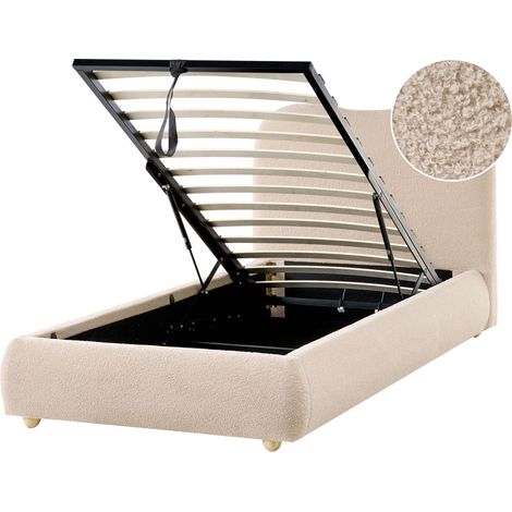Storage Bed Beige Boucle Fabric EU Single Size 3ft with Headboard Minimalist Modern Design Ottoman BLAGNAC (1/5)