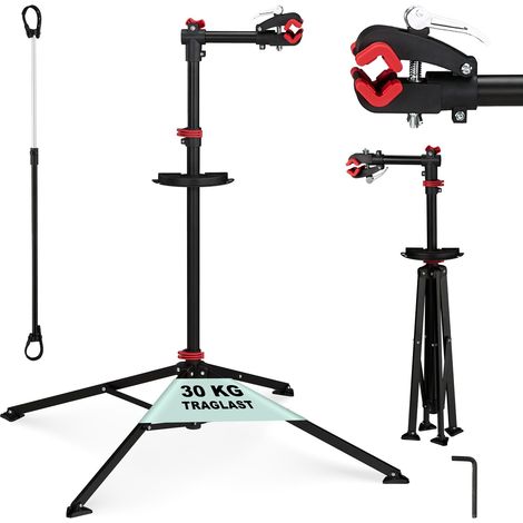 Relaxdays Fahrrad Montageständer höhenverstellbar, Reparaturständer klappbar, 30 kg, mit Werkzeugablage, Metall, schwarz