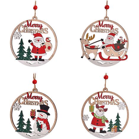 Set mit 4 unbemalten Weihnachtsdekorationen aus Holz (mit Schnur) für Bastelarbeiten, Weihnachtsbaumschmuck und Christbaumkugeln aus Holz