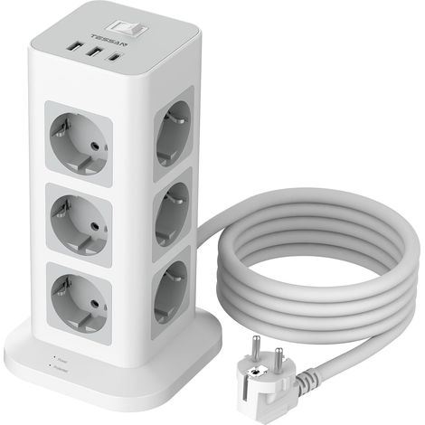 15 en 1 Tour Multiprise 12 Sorties AC avec 3 USB, Rallonge 2m  Parafoudre et Surtension avec Interrupteur, 3600 W Prise Multiple avec 2M, Secteur USB C pour Maison, Bureau, Gris (1/5)