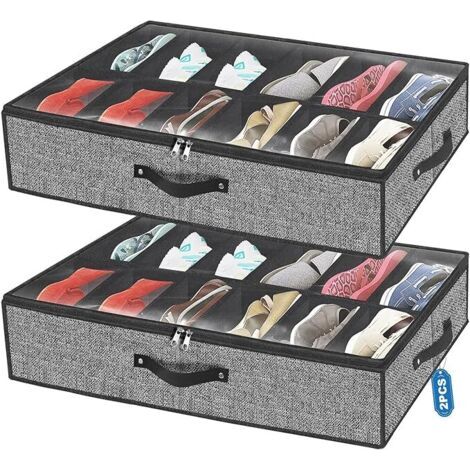 sous Lit pour Range Chaussures Lot de 2,Boîte à Chaussures pour 24 Paires de Bottes Boîte de Rangement pour Literie avec Couvercle Transparent 29,3 x 23,6 x 5,9inch(Noir Comme du Lin) (1/5)