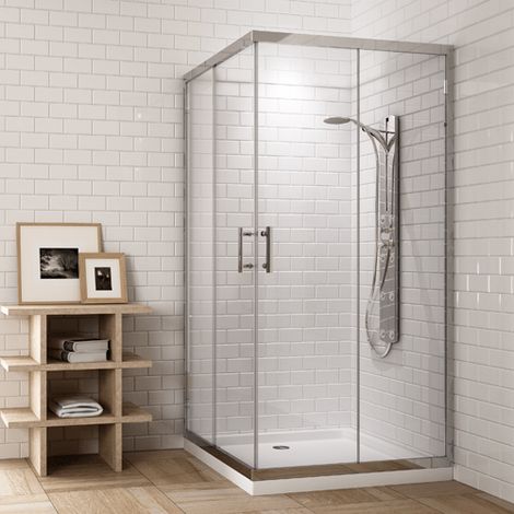 Mampara de ducha cuadrada de cristal 2 puertas + 2 fijos 80X80 TRANSPARENTE