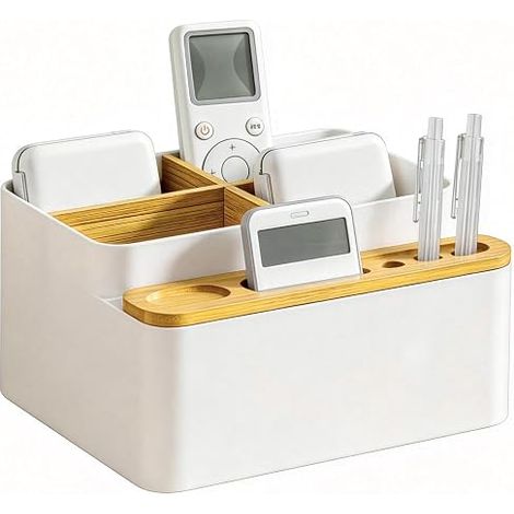 Remote Control Holder with 4 Compartments – TV Remote Control Organizer in Frosted White PS, Desk Organizer 18x16x10 cm (1/5)