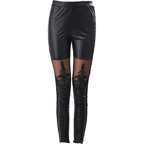 Leggings en similicuir avec empiècements en dentelle, pantalon taille haute pour femme, collant fin (noir, taille M)-M-Black (1/3)