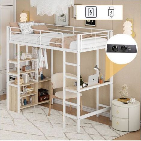 Lit mezzanine enfant - SOGEU - 90x200 - avec bureau - Métal & MDF - Prises USB (1/5)