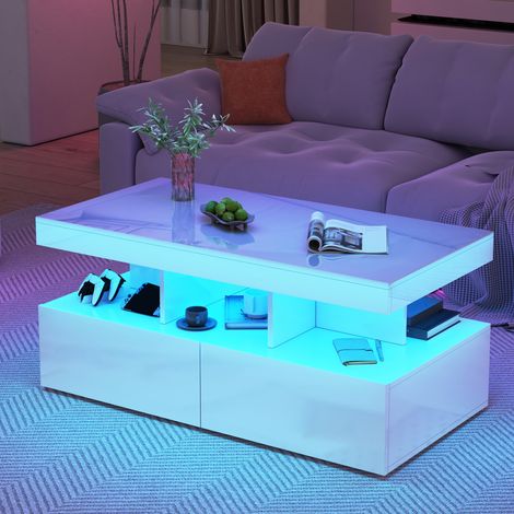 Couchtisch 104 cm, rechteckig, mit LED-Beleuchtung, 2 Schubladen, glänzende Tischplatte, moderne Wohnzimmermöbel aus Holz - Weiß