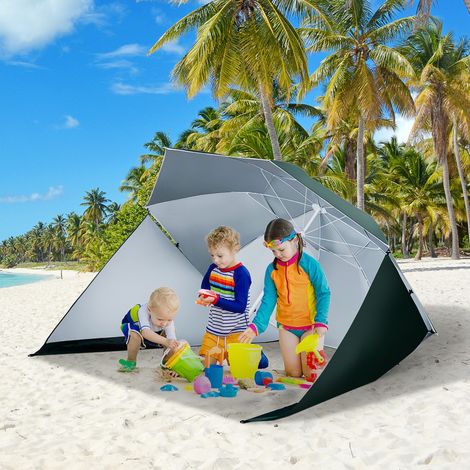 Parasol de plage 2 en 1 Ø 210 cm. protection solaire UPF 50+. coupe-vent. avec panneaux latéraux et sac de transport. Idéal pour balcon. jardin et camping. Couleur vert foncé.