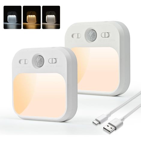 AmmToo Veilleuse avec Détecteur de Mouvement, 3 Couleurs & Gradation Continue, Rechargeable USB, 3 Modes d'Éclairage (ON/AUTO/OFF), Idéale pour Chambre Enfant, Couloir, Escalier, Cave (1/5)