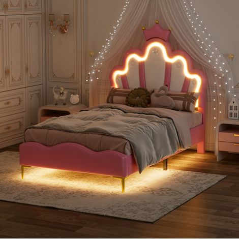 Cama dormitorio tapizada con LED regulable rosa OKMYHOME (1/5)