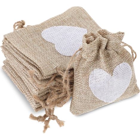 10 petits sacs à remplir, sacs en jute de 10 x 8 cm, sacs en tissu avec cordon de serrage, sac cadeau avec cœur, petit sac en lin, sacs en tissu pour anniversaire, mariage, fête d'enfants (1/5)