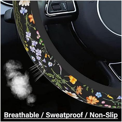 Housse de volant de voiture pour hommes et femmes, volant antidérapant et respirant, protecteur de volant à fleurs sauvages, accessoires automobiles, adaptateur universel 14"02/2-15" pour voitures et  (1/4)