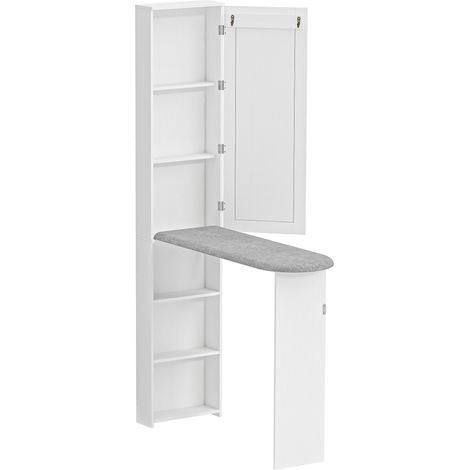 Mobile Asse da Stiro Pieghevole 107x35x174 cm a 6 Ripiani con Specchio e 2 Ganci in Legno e Poliestere Bianco (1/5)