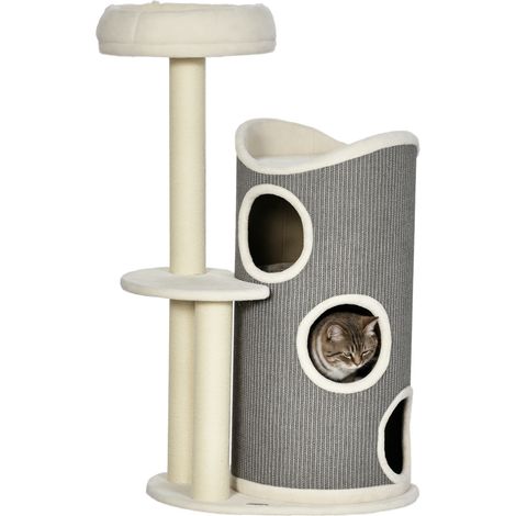 PawHut Katzenbaum mit Katzentoilette und Kratzbaum, 60 x 44,5 x 109 cm, Naturgrau und Weiß