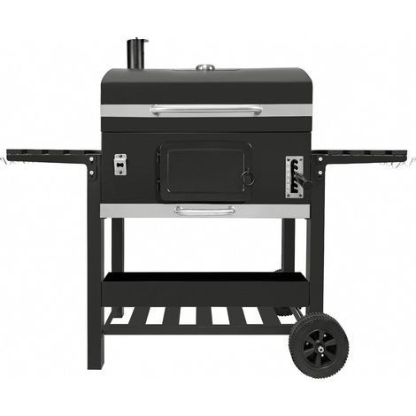 Barbecue Fumoir XXL Au Charbon Sur Chariot, Cuisine Extérieure Jardin, Acier Inoxydable Noir, 4 Aérations, Bac Réglable, Thermomètre, Étagères, Crochets, Roues, Housse, Brosse (1/5)
