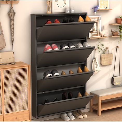 Zapatero de pared negro de metal con 4 cajones abatibles y gran capacidad (1/3)