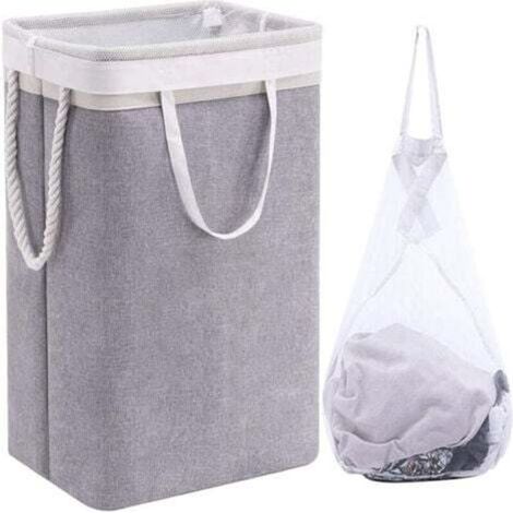 Großer Wäschekorb 60 x 41 x 31 cm, faltbarer Wäschesack mit Seilgriffen, Aufbewahrungskorb geeignet für Schlafzimmer, Waschküche, Badezimmer, Beige+Grau