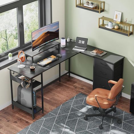 L-förmiger Gaming-Eckschreibtisch, 150×118 cm, mit Schubladen, Steckdose und USB-Anschluss, praktischer Computertisch mit Stauraum für Homeoffice und Schlafzimmer, Schwarz (1/5)