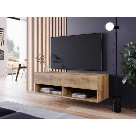 Mueble de TV Lowboard A 100 cm, mueble de televisión sin iluminación LED, dos estanterías, color castaño (1/3)