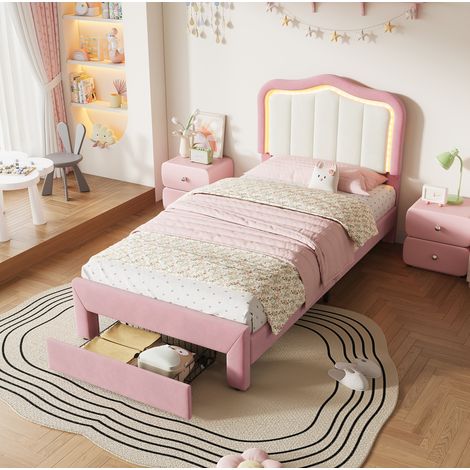 Etagenbett 90/200 cm rosa aus Samt mit Schublade, weißer Rückenlehne und App-LED (1/5)