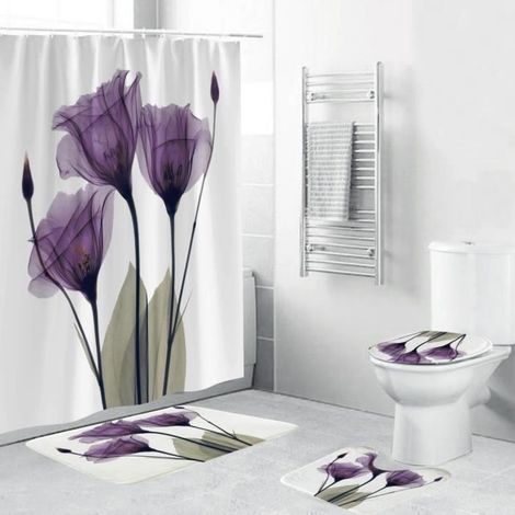 4pcs Kit De Tapis de Bains Toilettes Housse Couvercle Toilette Antidérapant Absorbant Fleurs Violettes Imprimer en Flanelle (1/4)