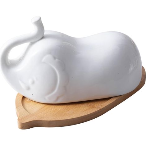 Beurrier Éléphant Céramique Avec Plateau Bois Simple Récipient à Beurre Avec Couvercle Vaisselle De Table Pour Maison Et Hôtel (1/5)