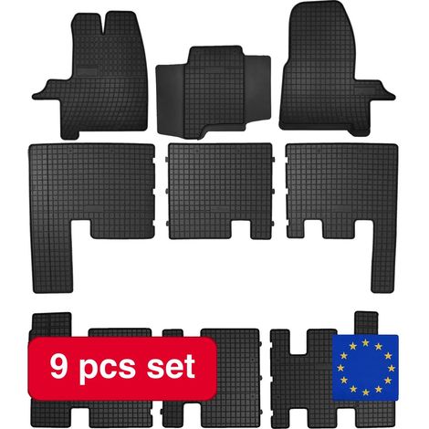 Tapis de sol en caoutchouc, compatibles avec Ford Transit Custom (2012-2021), Dimensions : 3 rangées, Résistance à l'eau, Construction en caoutchouc durable, Design facile à nettoyer (1/5)