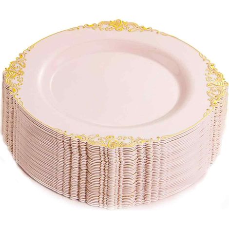 25 assiettes en plastique, roses avec finition dorée, jetables, pour fêtes, mariages et anniversaires (1/5)