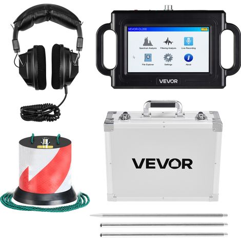VEVOR Rilevatore di Perdite deAcqua per Tubi, 1Hz-5000 Hz, Localizzatore di Perdite per Tubi Profondi 2 m, con Touchscreen e Sensore, 3 Aste di Ascolto, Cuffie, Scheda da 8 GB e Custodia
