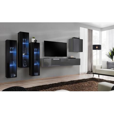 Ensemble mural - Switch XIII - 3 vitrines LED - 1 banc TV - 1 vitrine carrée - Noir et graphite - Modèle 2 - Livraison gratuite