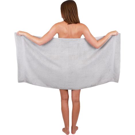 1 Serviette de bain, 70x140 cm, 100% coton, gris argenté, double bordure, pour salle de bain, sauna, plage (1/5)