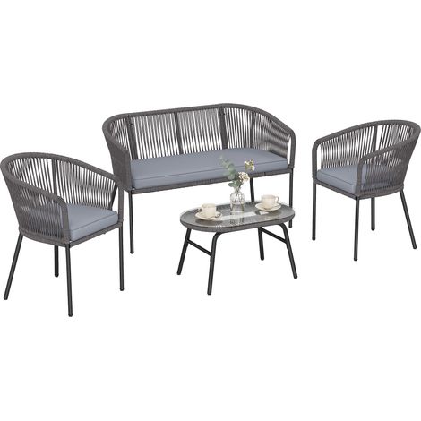 Outsunny 4 Piece Garden Furniture Set, Rope Woven Outdoor Sofa, Dark Grey