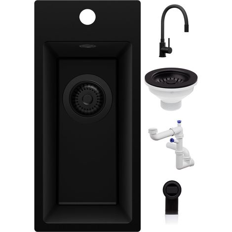 PRIMAGRAN Evier Cuisine en Granit 23x50cm,Lavabo 1 Bac + Robinet 38x14cm + Kit de Vidage, Évier à Encastrer au Meuble 25cm - Riga, Tout Noir (1/5)