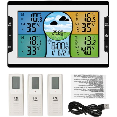 Station Météo Numérique Multifonction RF 4 Sondes Affichage Intérieur Extérieur Température Humidité Alerte Prévisions Pression Grand Écran Couleur Rétroéclairé Calendrier Réveil Snooze (1/4)