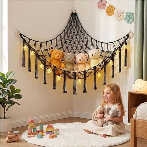 Hamac de Rangement Peluche Boho, avec Guirlande Lumineuse LED Filet Suspendu pour Animaux en Peluche, Doux Organisateur Suspendu pour Chambre d'Enfant pour Peluches, Noir (1/5)