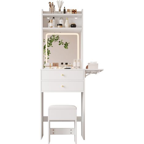 Petite coiffeuse avec éclairage LED réglable, inclut 1 tabouret, 2 tiroirs, 2 niches ouvertes et plateau rabattable de 25 cm, blanc, 75×45×156 cm (1/5)