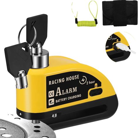Lucchetto per freno a disco impermeabile con allarme da 110 dB, ricaricabile e cavo di promemoria da 1,5 m compatibile con la maggior parte delle biciclette. (1/5)