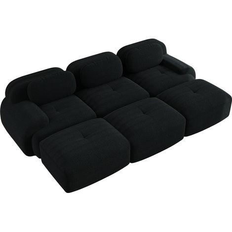 Diván modular de 3 plazas en terciopelo de canalé con 3 pufs, sin montaje, negro MODENUIT (1/5)