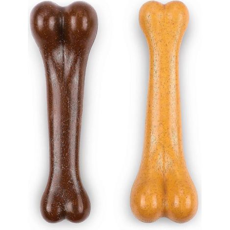 Jouet indestructible pour chien, os à mâcher, saveur bœuf et bacon léger, pour chiens de grande et moyenne taille, soin dentaire, lot de 2, jaune + brun (1/4)