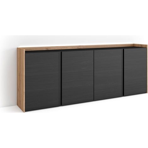 Skraut Home - Credenza, Mobile, Cucina, Madia, mobile ingresso, 207x35x80cm, 4 Porte, LED, Stile moderno, Nero e rovere (1/5)