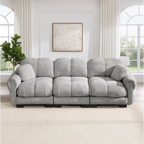 Sofá de 3 plazas de chenilla gris claro, 260 x 86 x 90 cm, con 2 cojines DESVIAE (1/5)