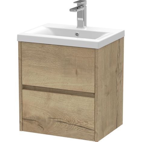 Edge Square Wall Hung 2 Drawer Vanity Unit & Ceramic Basin, 500mm - Woodgrain Autumn Oak - Balterley