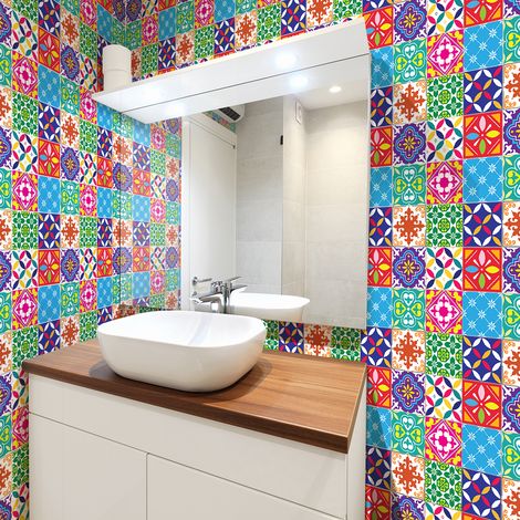 Sticker Mural Carrelage adhésif Cuisine Salle de Bain - 30 STICKERS CARREAUX DE CIMENT AZULEJOS SEGOLINA - 30stickers10x10cm (1/5)