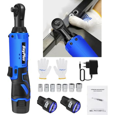Portable 12V electric ratchet wrench, real-time battery display, lock button, accessories included.